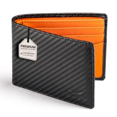 Imagem de Claasico Carteira masculina dobrável para homens – Carteira de couro genuíno RFID, porta-cartão fino com janela para identidade – Caixa de presente incluída, Carbono - mistura de preto e laranja