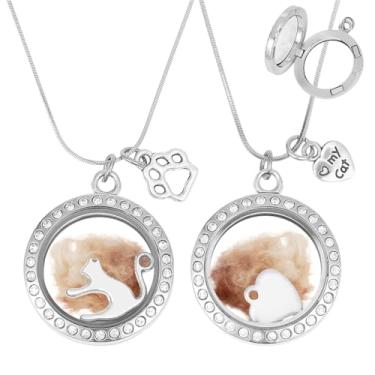 Imagem de DELORIGIN Colar de cinzas de animais de estimação, 2 peças, colares de medalhão, de pelo de gatos, lembranças, com coração de pata, strass, colar de urna memorial para gatos, mulheres, homens, perda