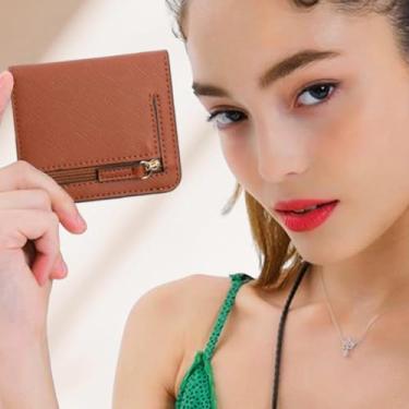 Imagem de Carteira pequena fina e curta, porta-moedas com bolso com zíper, suporte para cartão, clipe compacto para dinheiro, viagens, compras, uso diário, Marrom, 3.94X3.55X0.6Inches, Minimalista
