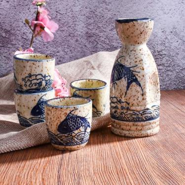 Imagem de Conjunto tradicional japonês de 5 peças de saquê de cerâmica com pote de servir e 4 copos de bebida, estilo retrô (YL)