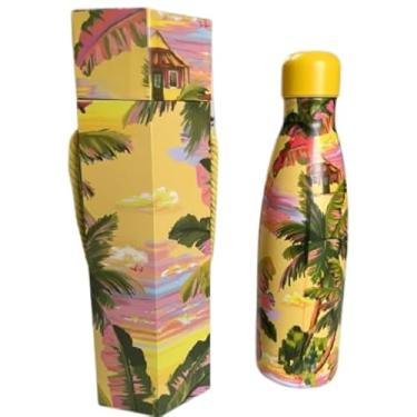 Imagem de Garrafa Térmica de Aço Inoxidável, 500ml, com Tampa Hermética, Base Antiderrapante, Conservação 24h Fria e 12h Quente (Palmeiras fundo amarelo e rosa)