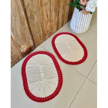 Imagem de Kit 2 Tapetes 65x45cm Oval Telinha Crochê Artesanal (Vermelho)