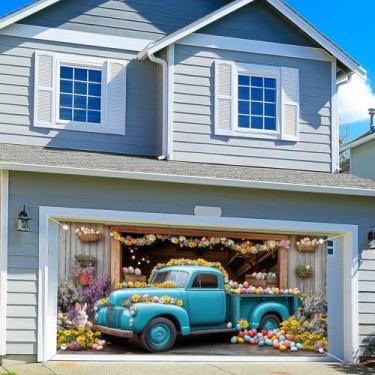 Imagem de Capa de porta de garagem de páscoa de 4,6 x 1,8 m, decoração de banner, pano de fundo, flores de primavera, ovos de Páscoa, caminhão, porta de celeiro de madeira, decoração de porta de garagem, coelho