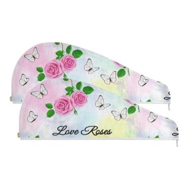 Imagem de SEHANY Toalha de cabelo de microfibra Elegant Roses para mulheres, 2 peças, turbantes de cabelo de secagem rápida com botão, touca de cabelo seco absorvente toalha de secagem de cabelo para cabelos