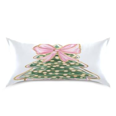 Imagem de ATTX Fronha de almofada de árvore de Natal com laço rosa com fecho de envelope para cabelo e pele, macia, respirável, suave, ambos os lados, capa de almofada de seda refrescante (King 50 cm × 101 cm