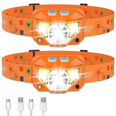 Imagem de Lanterna de cabeça Lhknl, farol LED recarregável, ultraleve com luz vermelha e branca, 2 unidades, com sensor de movimento, impermeável, 8 modos para acampamento, ar livre, corrida, pesa - laranja