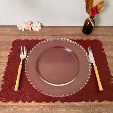 Imagem de Jogo Americano Couro Ecológico Impermeável Retangular Mesa Posta Sousplat Jantar (6, Vermelho Escuro)