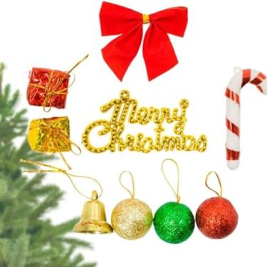 Imagem de Kit de Decoração de Nata, Laço Vermelho, Merry Christmas Dourado, Bolas Glitter, Sino, Bengala, Presentes Miniatura