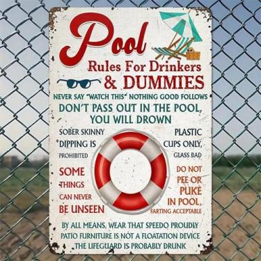 Imagem de Regras de piscina para bebedores leigos letreiro arte de parede de alumínio rústico e placa de metal - 20 x 30 cm decoração vintage para ambientes internos e externos para casa, escritório, café