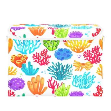 Imagem de Wassud Cestas de armazenamento com tampas, cestas organizadoras de tecido empilháveis e dobráveis de recifes de corais coloridas para armário, 40 x 30 x 30 cm, recipientes dobráveis de armazenamento