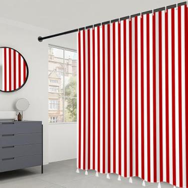 Imagem de dnldliq Cortina de chuveiro vermelha e branca para banheiro, cortinas de chuveiro boêmias listradas com borlas cortina de banho moderna à prova d'água com ganchos 128 x 182 cm