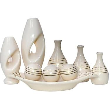 Imagem de Vaso Decorativo De CerâMica – Vaso Artesanal, Adequado Para Colocar No Centro Da Mesa De Jantar, Aparador, Alcova Ou Prateleira.(DOURADO BEGE LISTRA 9PÇS)