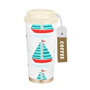 Imagem de Wassud Padrão náutico - Veleiros isolado caneca de café de viagem copo à prova de vazamento com tampa e canudo garrafa de água de aço inoxidável para café quente/gelo, chá e cerveja