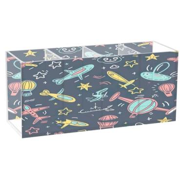Imagem de Qilmy Lindo porta-canetas de acrílico para aviões de desenho animado, 3 compartimentos, porta-lápis transparente para mesa, organizador de pincéis de maquiagem, copo organizador de lápis para material
