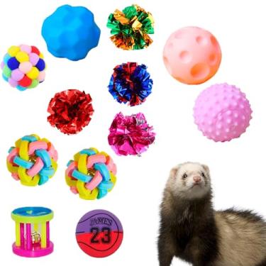 Imagem de Fejapa 12 peças de brinquedos barulhentos para furões, brinquedo de mastigação para dentição, bolas de sino de borracha saltitantes coloridas de Mylar, amassados, sonoros, exercícios interativos, para