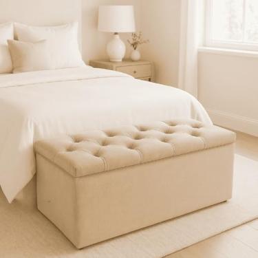 Imagem de Puff Bau Capitone Suede Bege Pé De Cama 90cm Porta Objetos Brinquedos Roupas puff bau para quarto