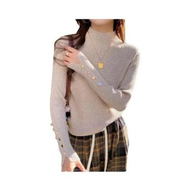 Imagem de Suéter De Tricô Feminino De Manga Longa Com Gola Alta Slim Fit Outono 