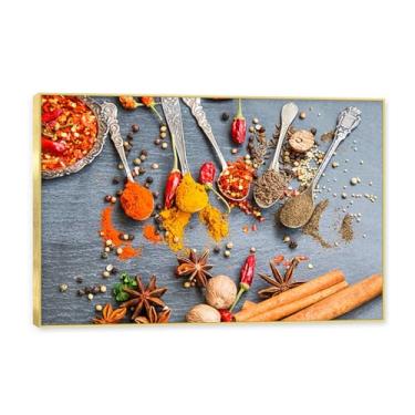 Imagem de Moldura dourada. Arte de parede em tela de especiarias coloridas e colher de tempero | Decoração de cozinha vintage | Arte moderna para casa e sala de jantar. B04. 80 x 120 cm - 31,5 x 47,3 pol