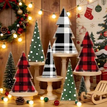 Imagem de Whaline 6 peças de placas de madeira de Natal, xadrez, búfalo, pontos, árvore de Natal, placas de mesa de madeira, vermelho, preto, verde, mesa de mesa para mesa de Natal, bandeja em camadas, lareira