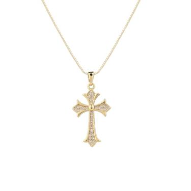 Imagem de Jovialpixie Colar feminino com pingente de cruz de ouro banhado a 18 k/14 K com pedras de zircônia cúbica, corrente ajustável de 40,6 a 45,7 cm, joia delicada para o dia a dia, presente de Natal