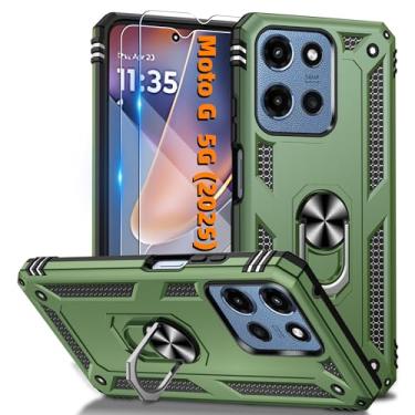 Imagem de Capa para Motorola Moto G 5G 2025 com 2 peças de protetor de tela HD, suporte de anel magnético com capa de celular resistente [ ] Capa protetora para Moto G 5G 2025, verde-oliva
