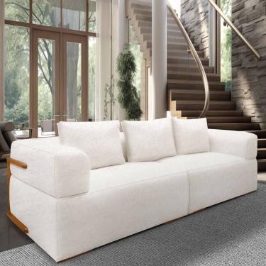 Imagem de Sofá 4 Lugares 2,80m Em Tecido Bouclé Com Aplique Em Madeira – Scott Lucadi Off White