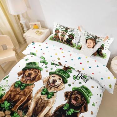 Imagem de Manfei Jogo de cama solteiro para meninas do Dia de São Patrício, capa de edredom Lucky Labrador Dogs, decoração de quarto, capa de colcha verde marrom, 1 fronha (sem edredom)