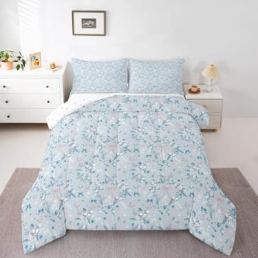Imagem de jejeloiu Conjunto de edredom com laço e laço para todas as estações, com 1 fronha, lindo laço de microfibra, roupa de cama kawaii, para quarto de crianças, azul claro, respirável, macio e leve