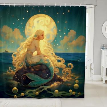 Imagem de Cortina de chuveiro infantil sereia, estrela, mar, pérola, lua, céu estrelado, decoração de casa misteriosa, criaturas do oceano, cortinas impermeáveis douradas azul-petróleo, 12 ganchos, 182 cm L x