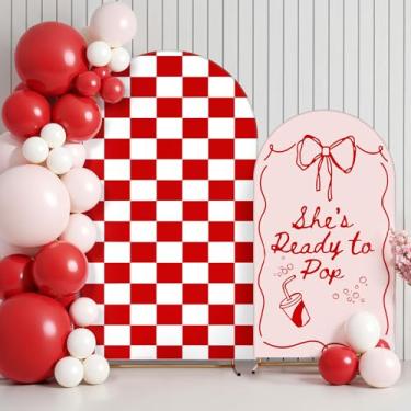 Imagem de Mindsoft 2 peças de capa de fundo de arco pronto para estourar 1,8 m e 2,2 m, capa de suporte de elastano xadrez vermelho e branco para decoração de festa de aniversário, casamento, chá de panela