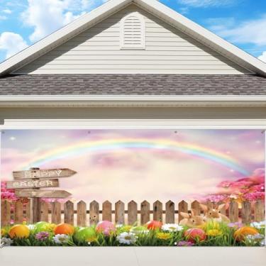 Imagem de OERJU Capa de bandeira de porta de garagem de páscoa mural coelho colorido cerca arco-íris feliz Páscoa garagem porta decorações coelho primavera festa decoração suprimentos interior exterior capa de