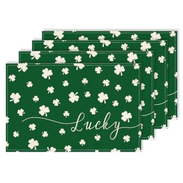 Imagem de Jogo americano de trevo verde da sorte do dia de São Patrício, conjunto de 4 tapetes de mesa sazonais de primavera de 30 x 45 cm para casa, cozinha, jantar, festa, decoração interna ao ar livre CD43