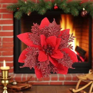 Imagem de 5 peças de flores artificiais de Natal, douradas, vermelhas, purpurina, poinsétia com clipes, enfeites de árvore de Natal, guirlanda de casamento, decorações de ano novo (vermelho)