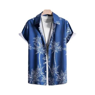 Imagem de Camisa Havaiana Masculina Com Estampa De Palmeira, Manga Curta, Botões