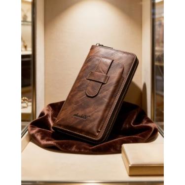 Imagem de Carteira de couro moderna para homens, carteira longa de zíper único macio com bloqueio de RFID e vários compartimentos, organizador de grande capacidade para telefone e cartões (Cáqui profundo)