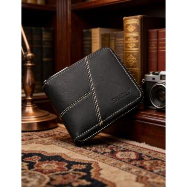 Imagem de Carteira masculina dobrável de couro curta, carteira simples simplificada (preto)