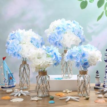 Imagem de Yungyan Conjunto de 2 vasos de vidro costeiros com flor de hortênsia, vaso de flores de vidro, boho, frasco decorativo para mesa náutica costeira, centro de mesa, festa de casamento, arranjo floral
