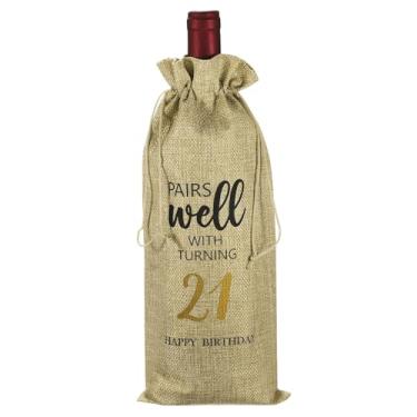 Imagem de PATIKIL Saco de garrafa de vinho para presente de aniversário de 21 anos de 15 x 35 cm, 1 pacote reutilizável para decoração de vinho com cordão para festas de chá de amigos, bege