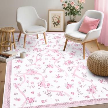 Imagem de GarveeHome Coquette Tapetes de laço rosa e branco para quarto de meninas, tapete lavável 7,5 x 12,7 cm para entrada com pelo baixo macio, tapete floral lavável rosa para sala de estar, berçário, sala
