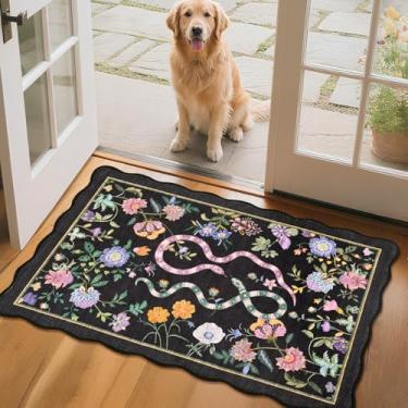 Imagem de GarveeHome Tapete floral pequeno recortado de 5 x 7 cm lavável na máquina tapete de área de cozinha antiderrapante tapete de jardim moderno porta da frente tapetes de flores entrada preto tapete de