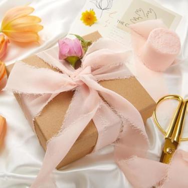 Imagem de 1 rolo de fita de chiffon feita à mão rosa empoeirado, fitas de seda com franjas desgastadas de 3,8 cm x 5,47 m para convites de casamento, buquês de noiva, artesanato, decoração de férias