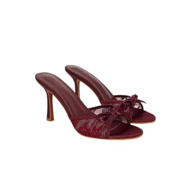 Imagem de MakeMeChic Sandálias femininas de salto com laço e laço de couro, bico aberto, sapatos elegantes, Borgonha, 39