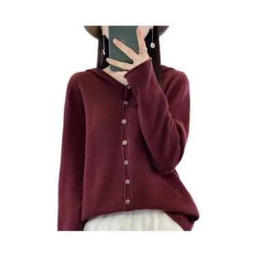 Imagem de Cardigã Feminino De Lã Merino 100% Tricotado, Moletom Com Capuz Para O
