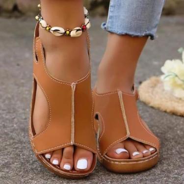 Imagem de Sandálias femininas plus size com plataforma Peep-Toe – Sola grossa com elástico casual sem cadarço, Marrom, 40
