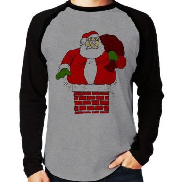 Imagem de Camiseta Raglan Papai Noel Chaminé Manga Longa - Foca na Moda, Cinza, 