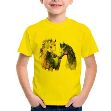 Imagem de Camiseta Infantil Casal de Cavalos Watercolor - Foca na Moda, Amarelo,