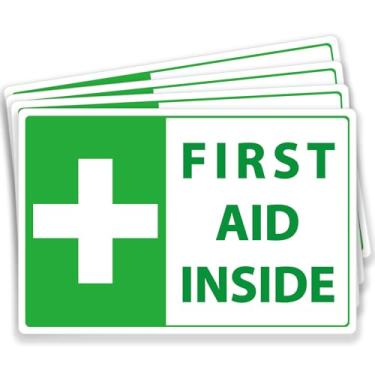 Imagem de 4 adesivos de primeiros socorros, decalque de vinil verde de 15 x 10 cm, etiquetas autoadesivas à prova d'água para kit de primeiros socorros, caixa, carro, escritório, casa