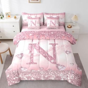 Imagem de Conjunto de edredom solteiro com letra N, 7 peças, monograma, laço rosa e monograma, presentes personalizados para mulheres, conjunto de cama estilo princesa sonhadora
