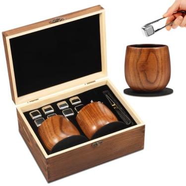 Imagem de Copos de Bourbon de madeira carbonizada, conjuntos de copos de uísque artesanais com 8 pedras de vinho de gelo e 2 tapetes de xícara, presente ideal para namorado, pai, marido e amigos