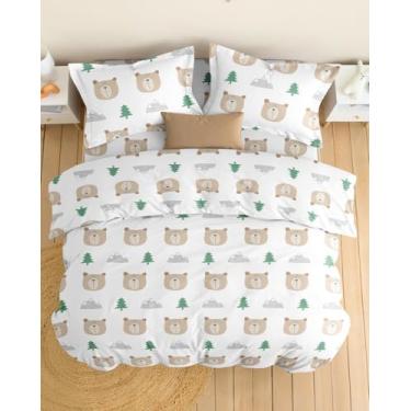 Imagem de Conjunto de capa de edredom infantil tamanho Queen – Conjunto de 3 peças de capa de edredom com ursos fofos e 2 fronhas com fecho de zíper e laços – Fácil de cuidar, sem rugas e desbotamento